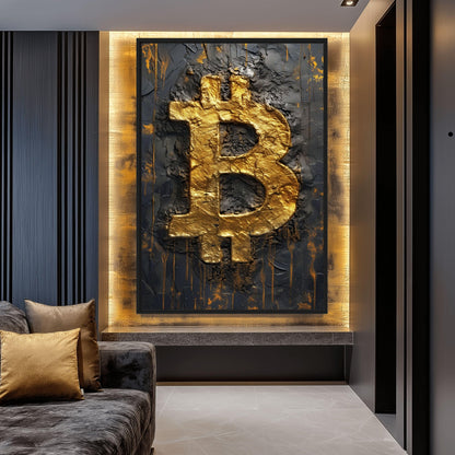 Bitcoin Black Gold Impasto Art Framed Canvas