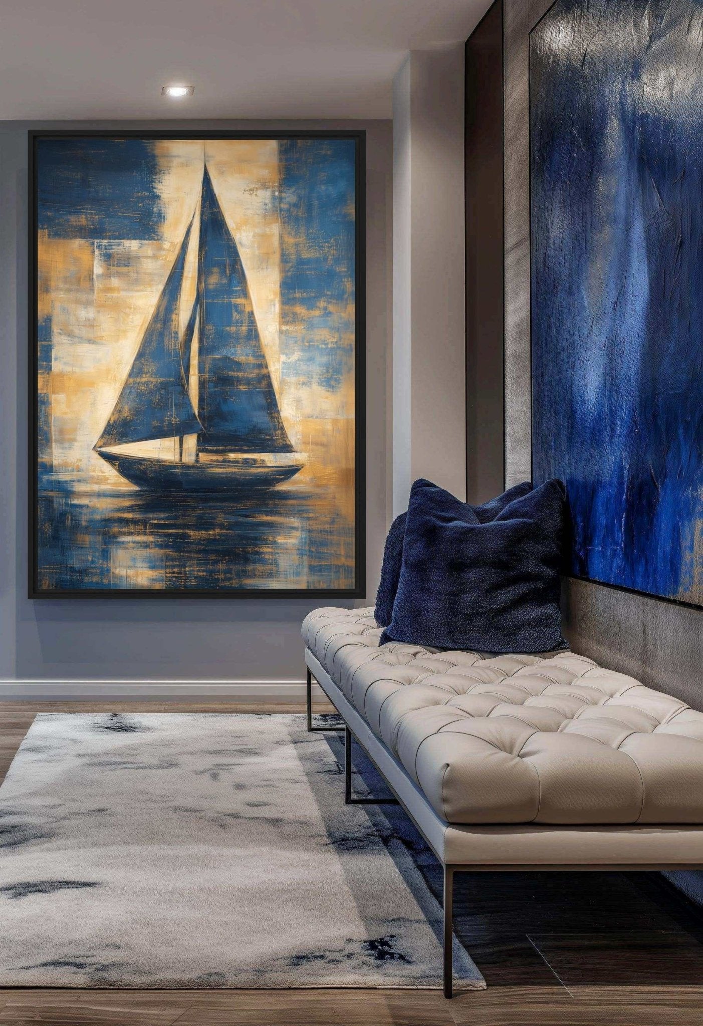 Navy Gold Sailboat Modern Art Framed Canvas - PaintFu