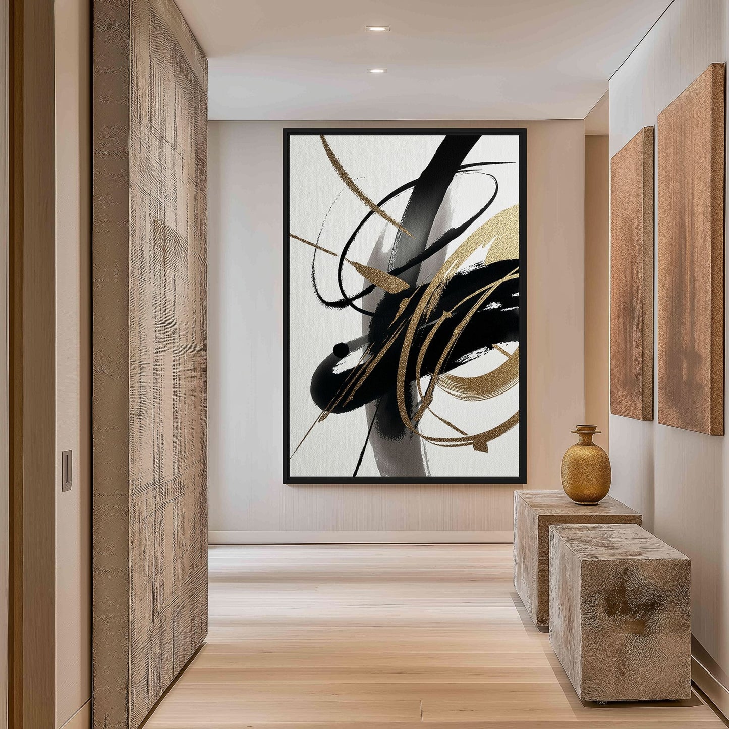 Black White Gold Abstract Art Framed Canvas