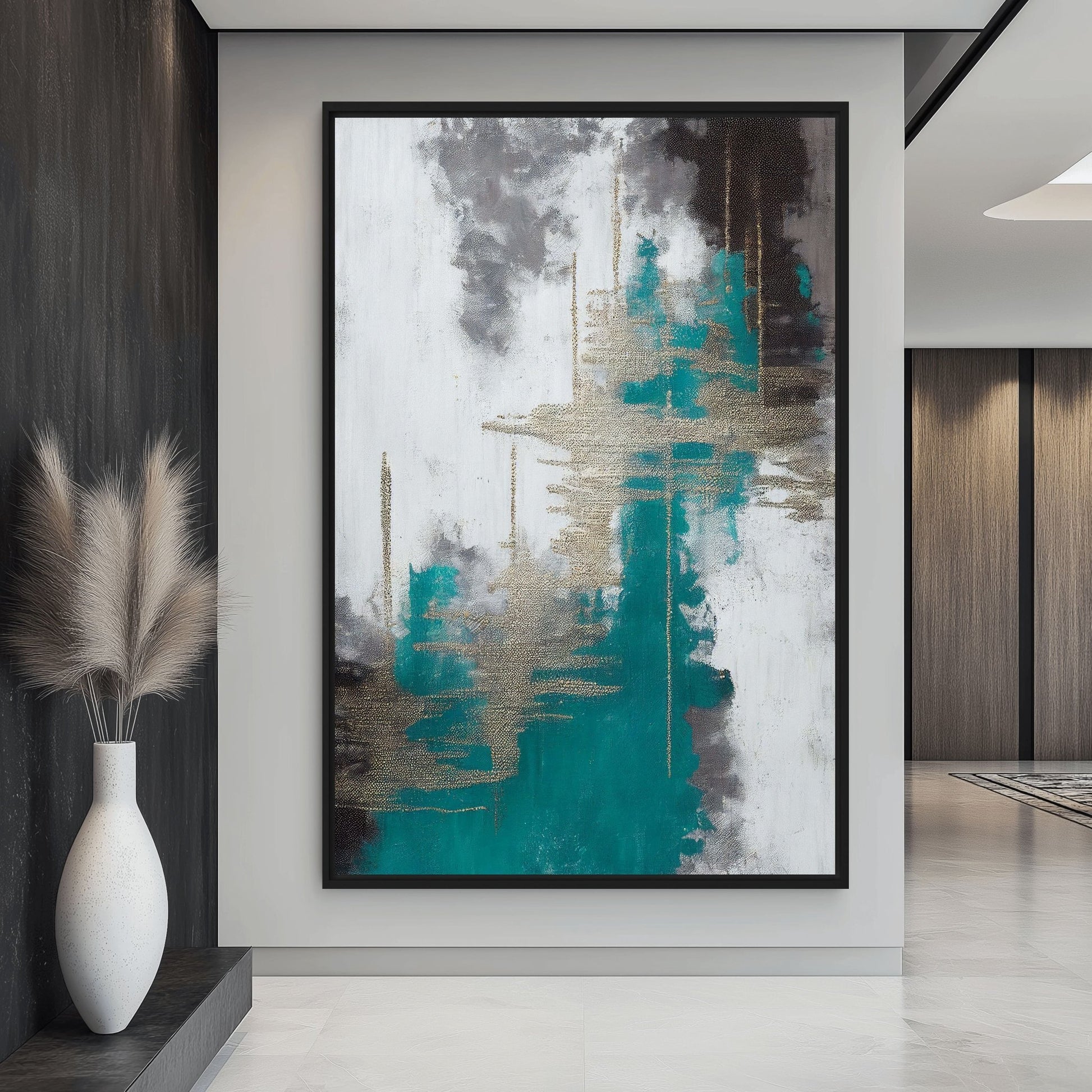 Teal White Grey Silver Modern Art Framed Canvas