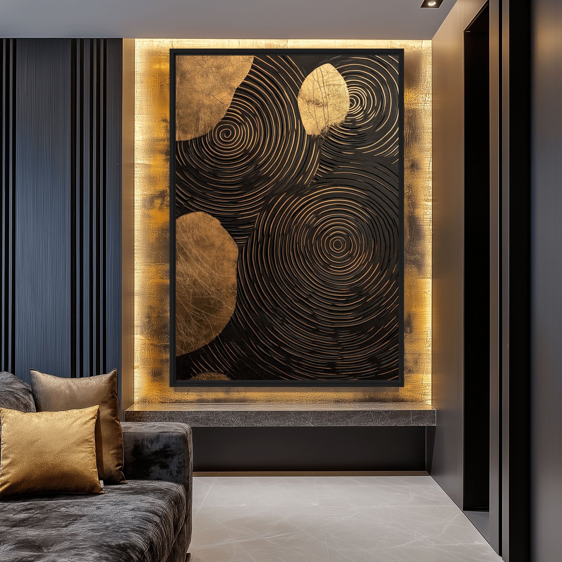Spiral Black and Gold Modern Art Framed Canvas