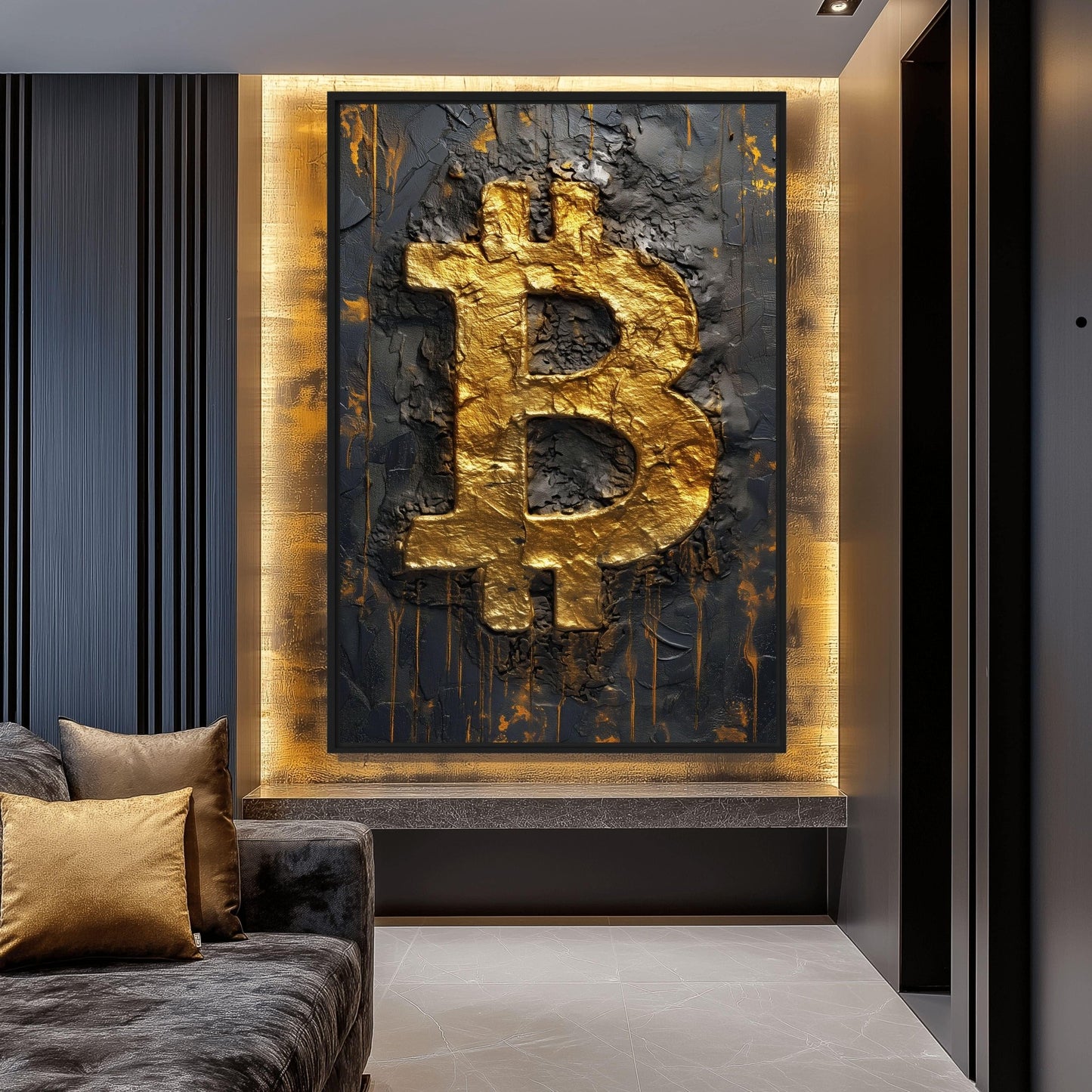 Bitcoin Black Gold Impasto Art Digital Print