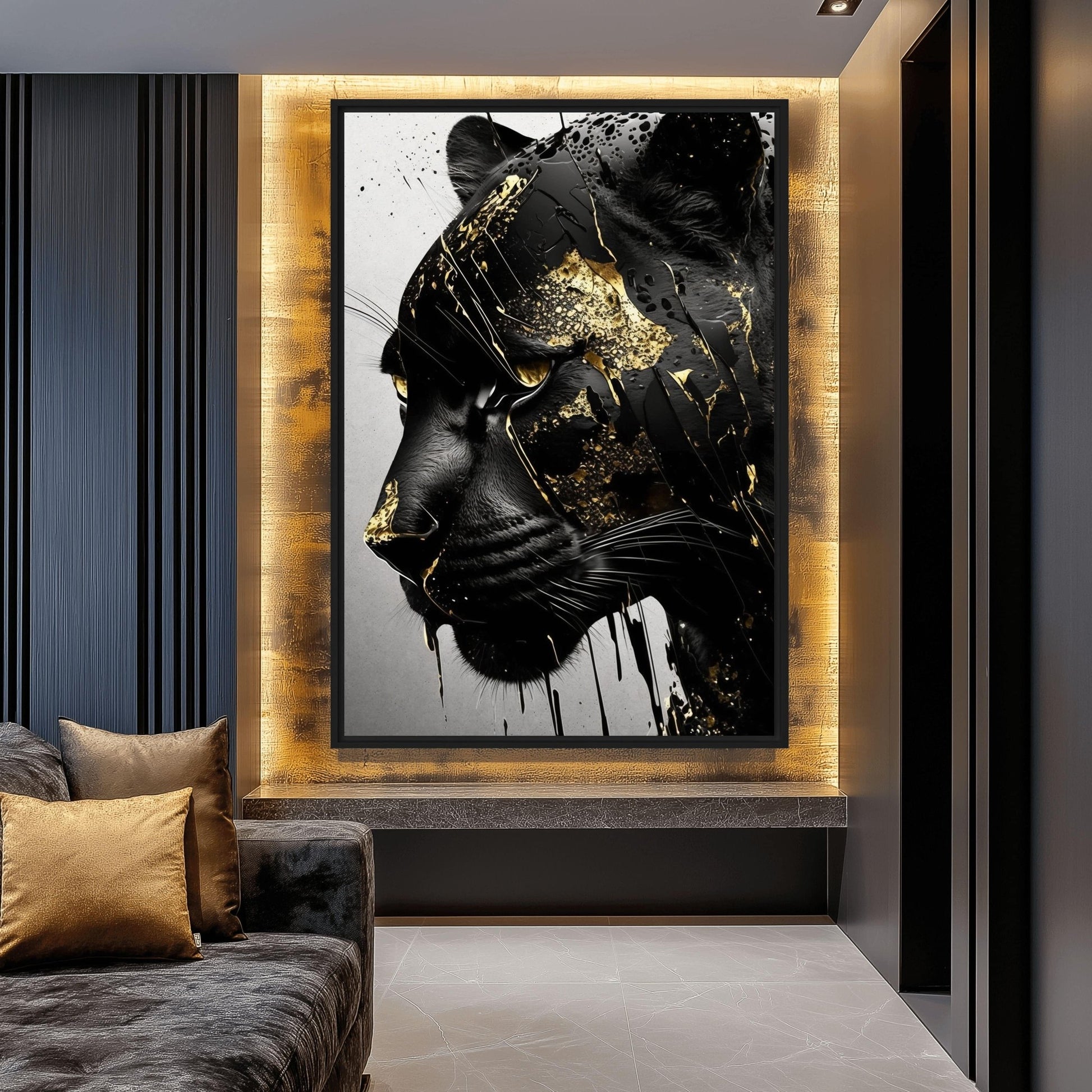 Black Panther In Gold Framed Canvas
