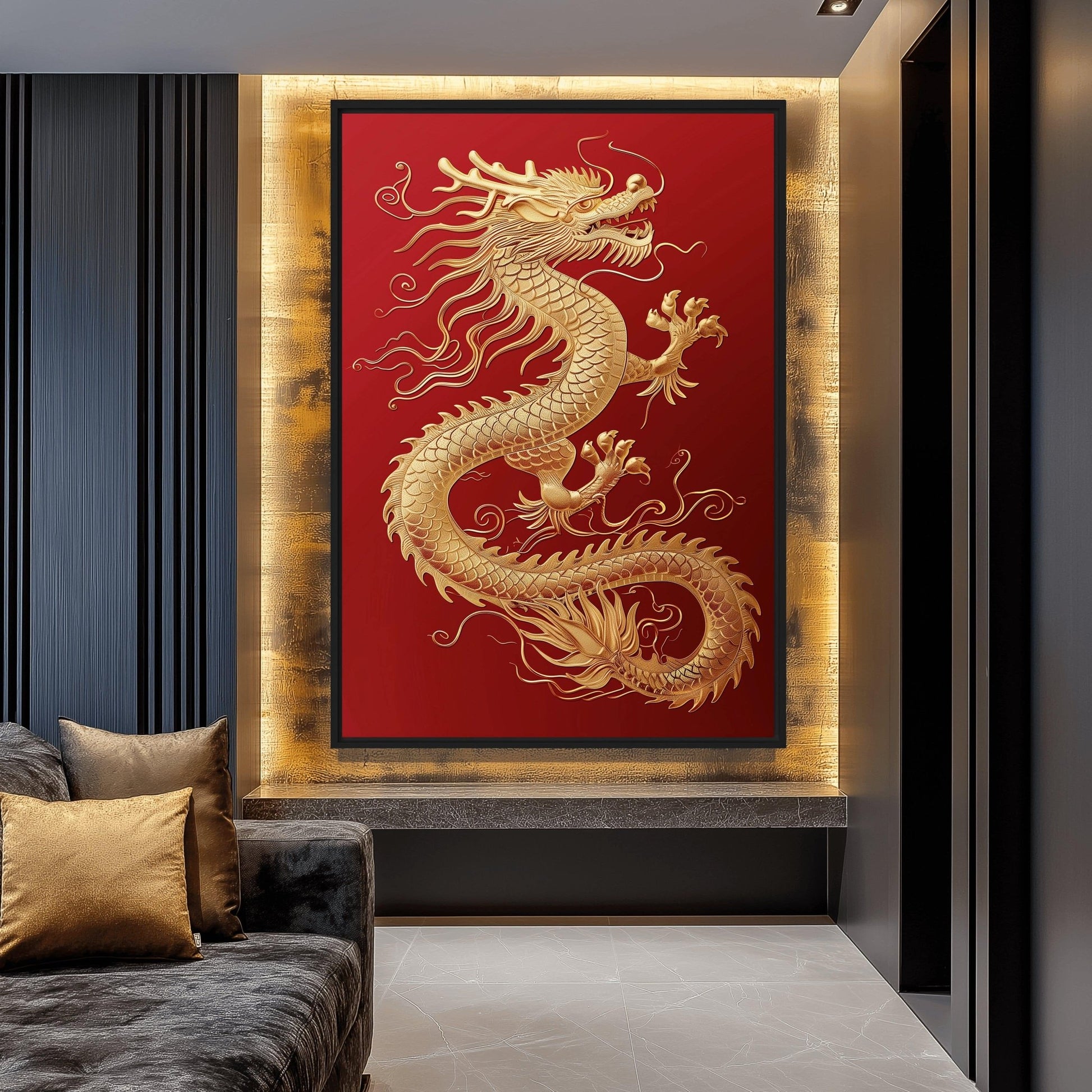 Golden Dragon Chinese Art Framed Canvas