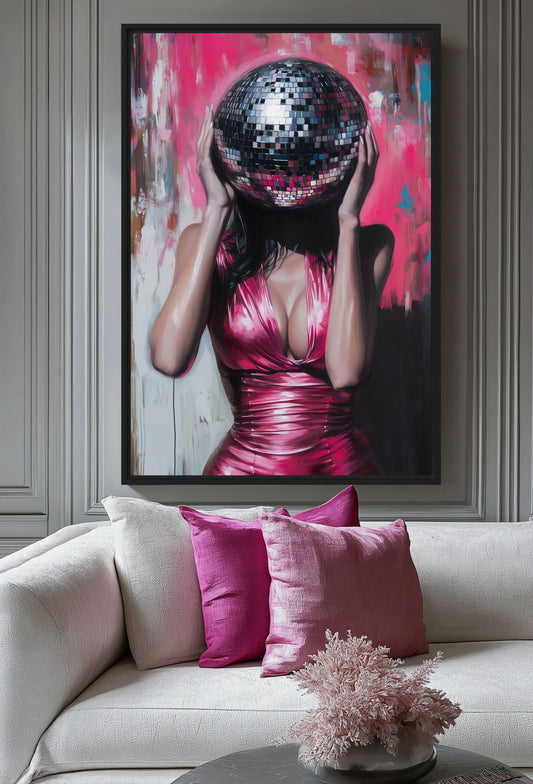 Woman Disco Ball Head Framed Canvas