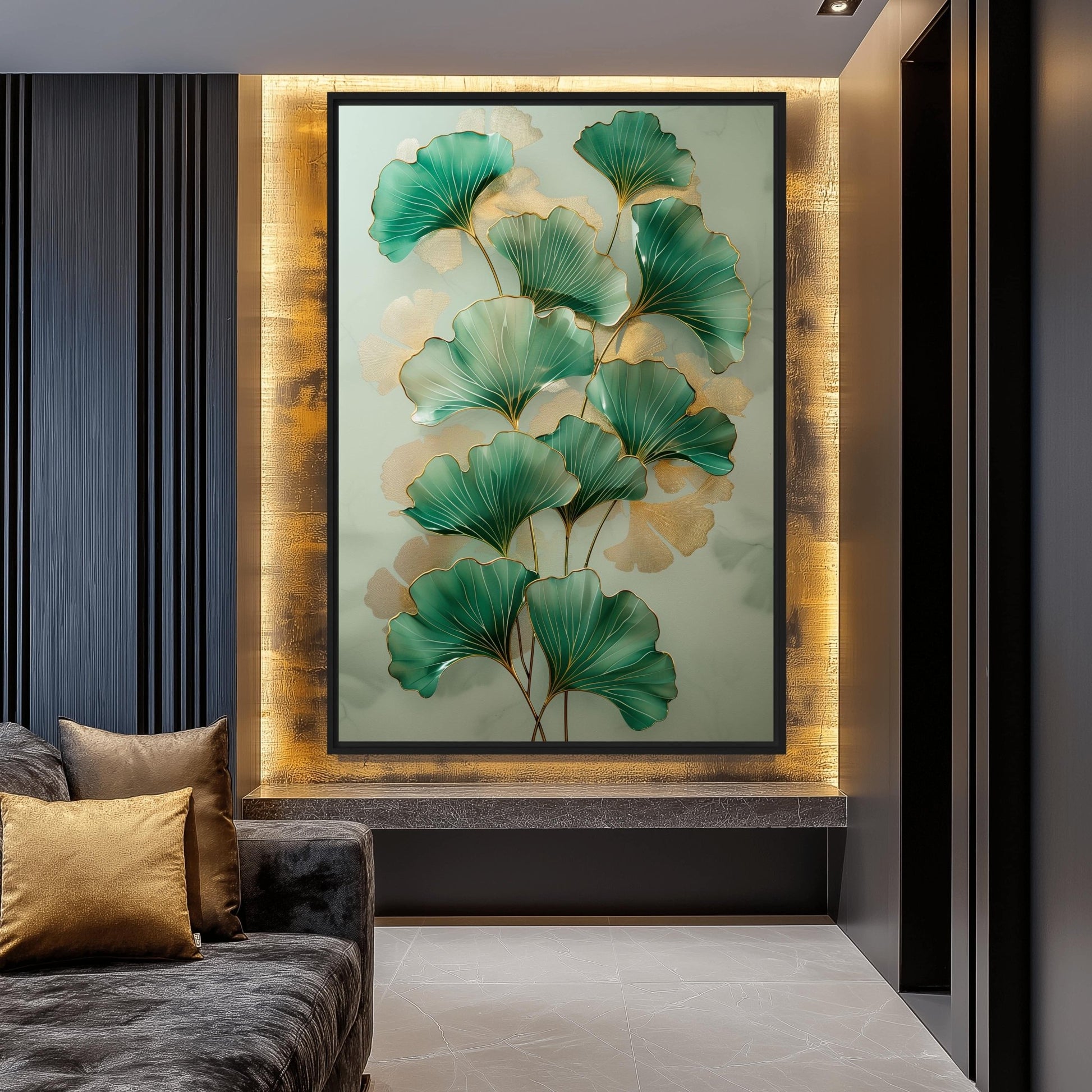 Green Ginkgo Leaves Covered In Gold Art Digital Print