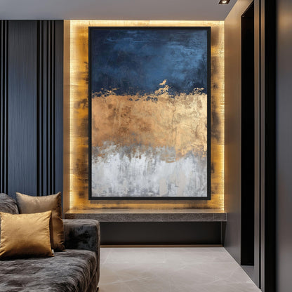 Navy Gold Grey Modern Art Framed Canvas