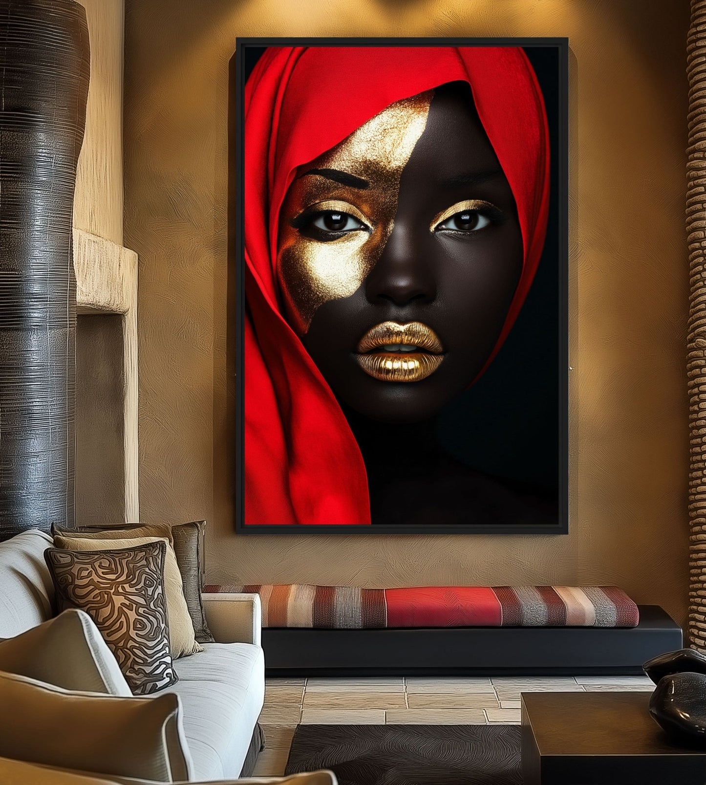 Black Woman In Red Scarf Modern Art Framed Canvas