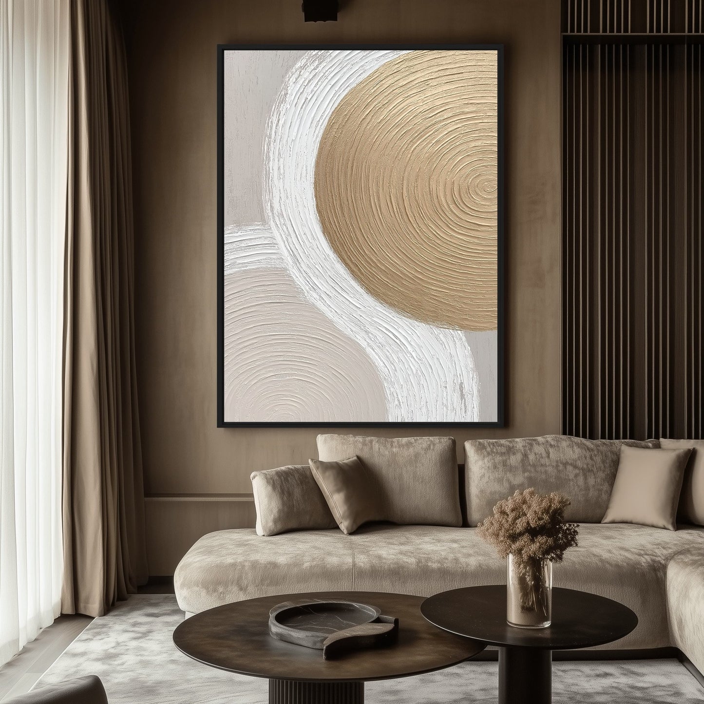 Beige and Gold Modern Art Framed Canvas