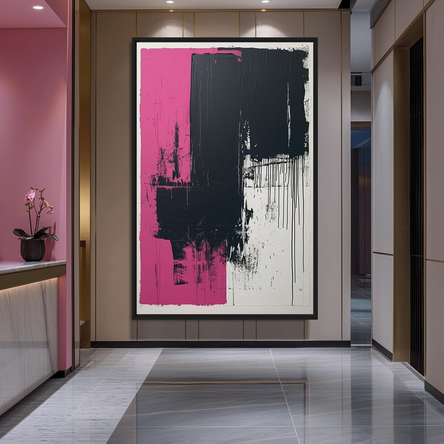 Pink Black Modern Art Framed Canvas
