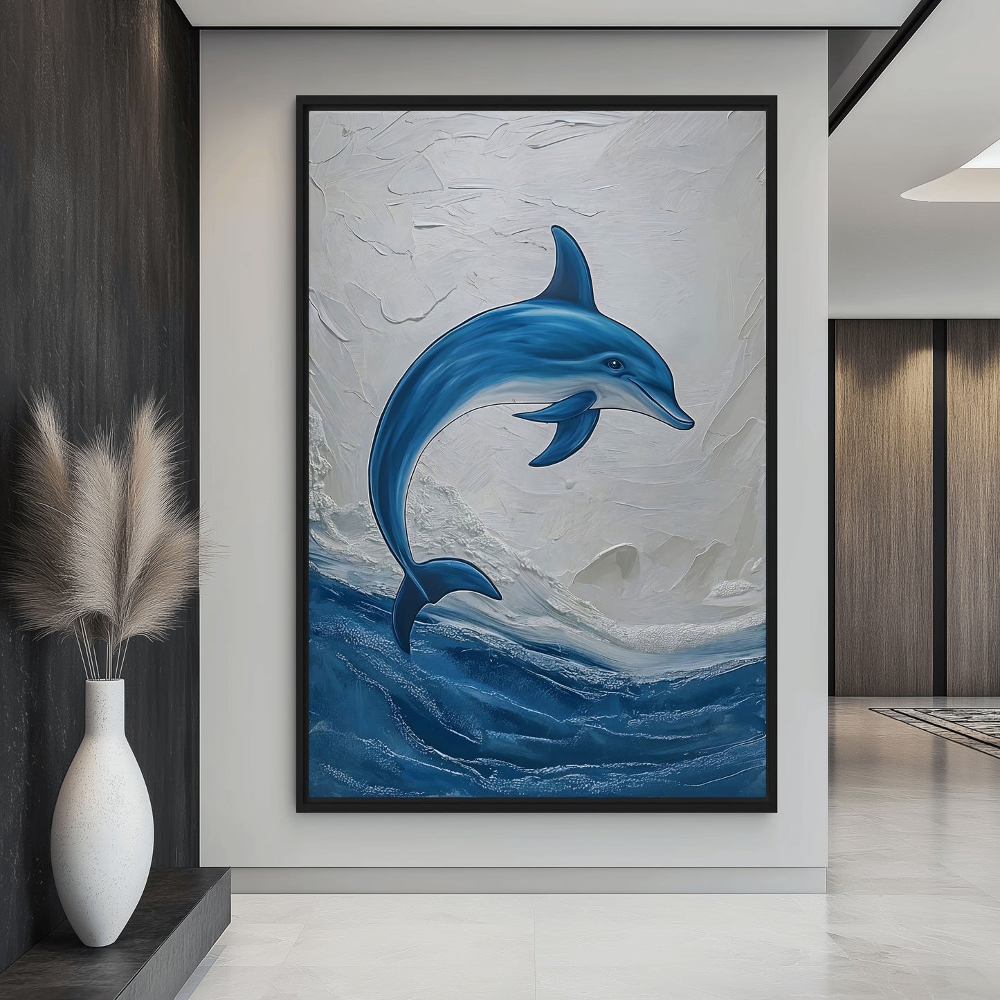 Blue Dolphin Nautical Art Framed Canvas - PaintFu