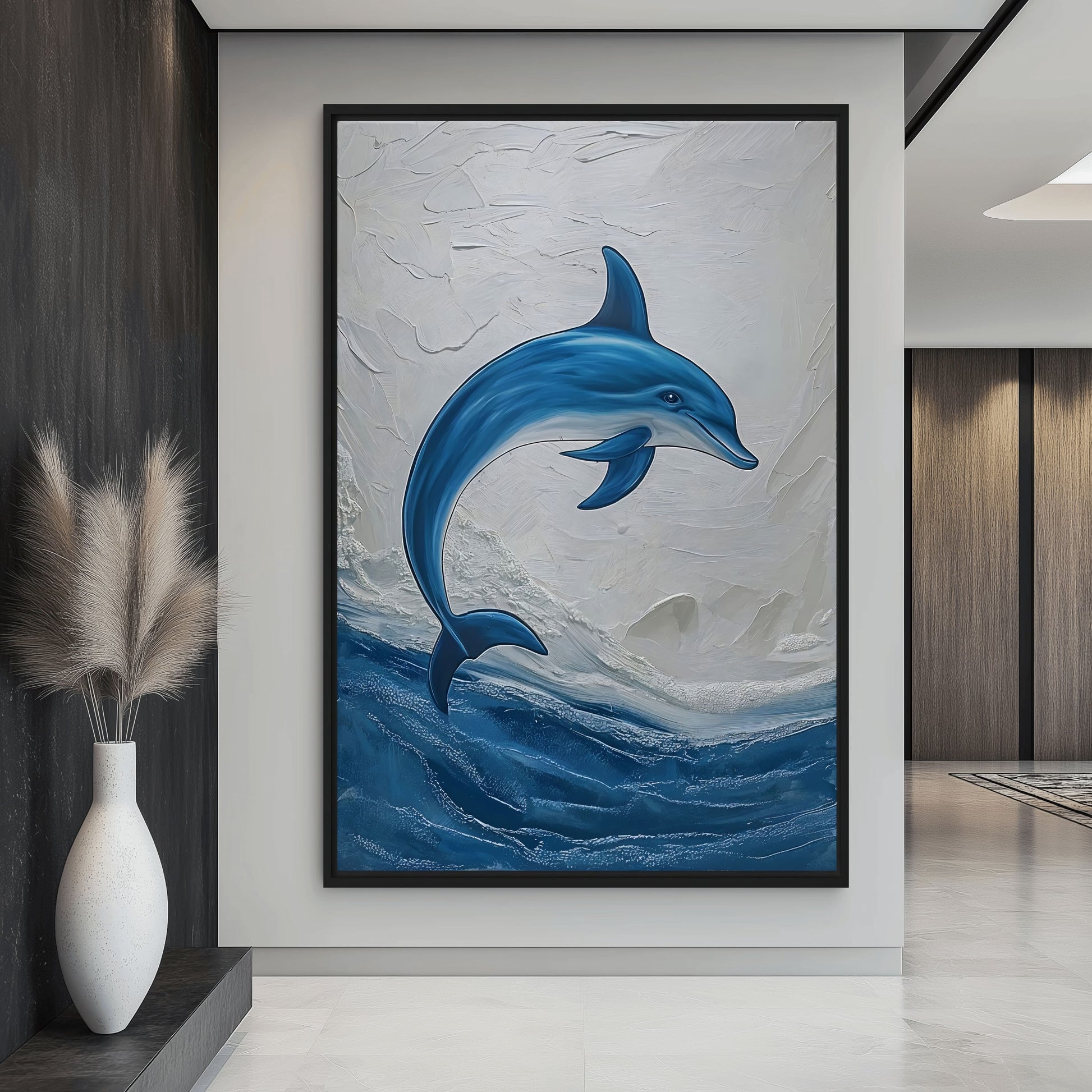 Blue Dolphin Nautical Art Framed Canvas - PaintFu