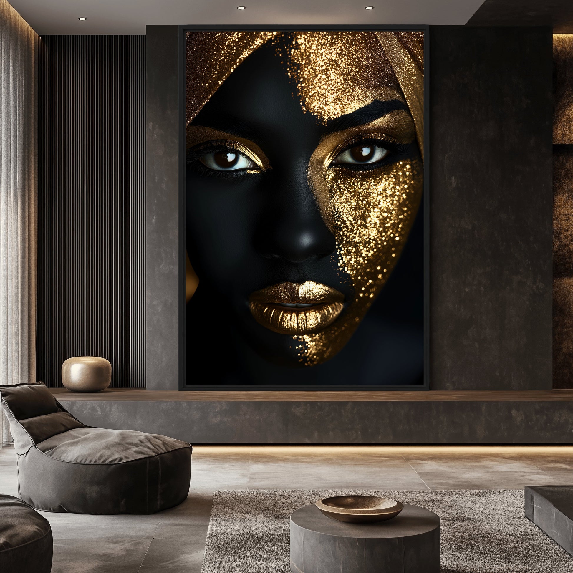 African Woman In Gold Glitter Framed Canvas - PaintFu