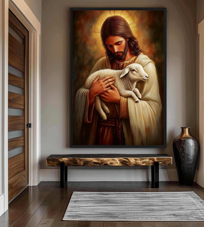 Jesus with Lamb Religious Art Framed Canvas - PaintFu