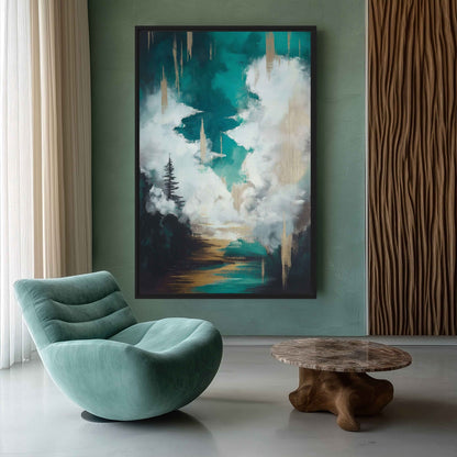 Teal & Gold Abstract Landscape Canvas Print Detail | PaintFu