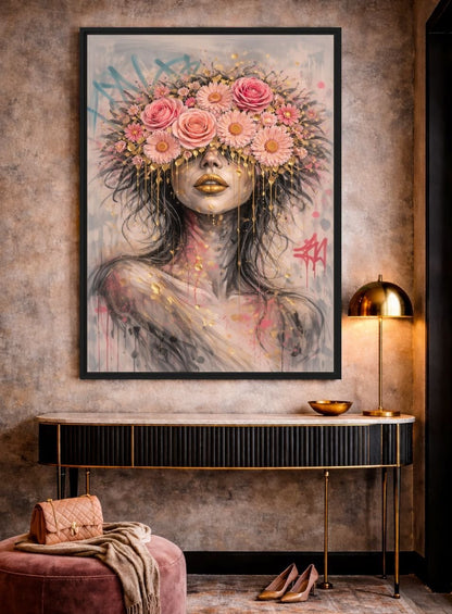 Graffiti Floral Woman Framed Canvas - PaintFu
