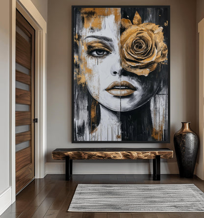 Woman Yellow Rose Flowerhead Framed Canvas