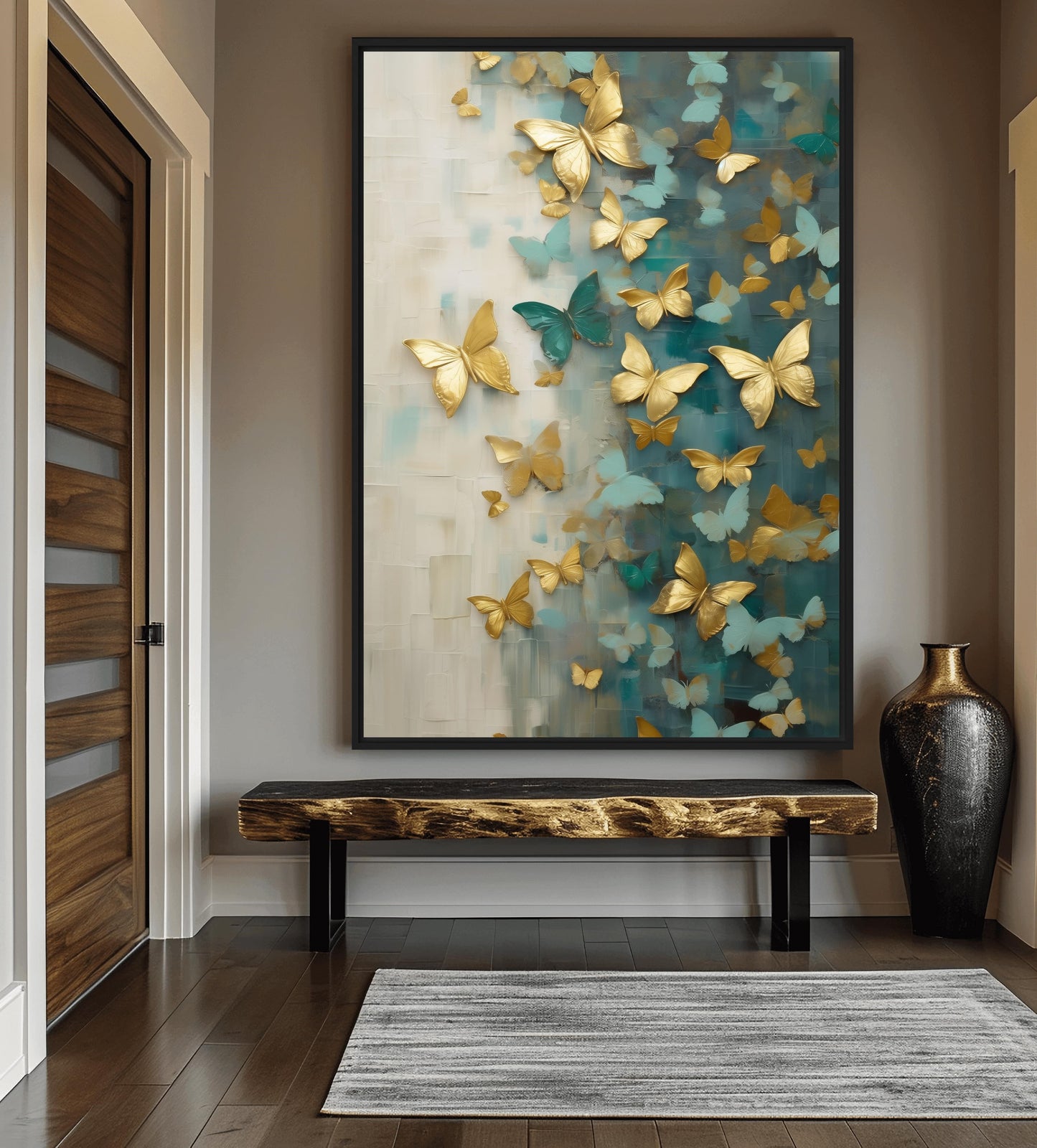 Butterflies Teal Gold Modern Art Framed Canvas