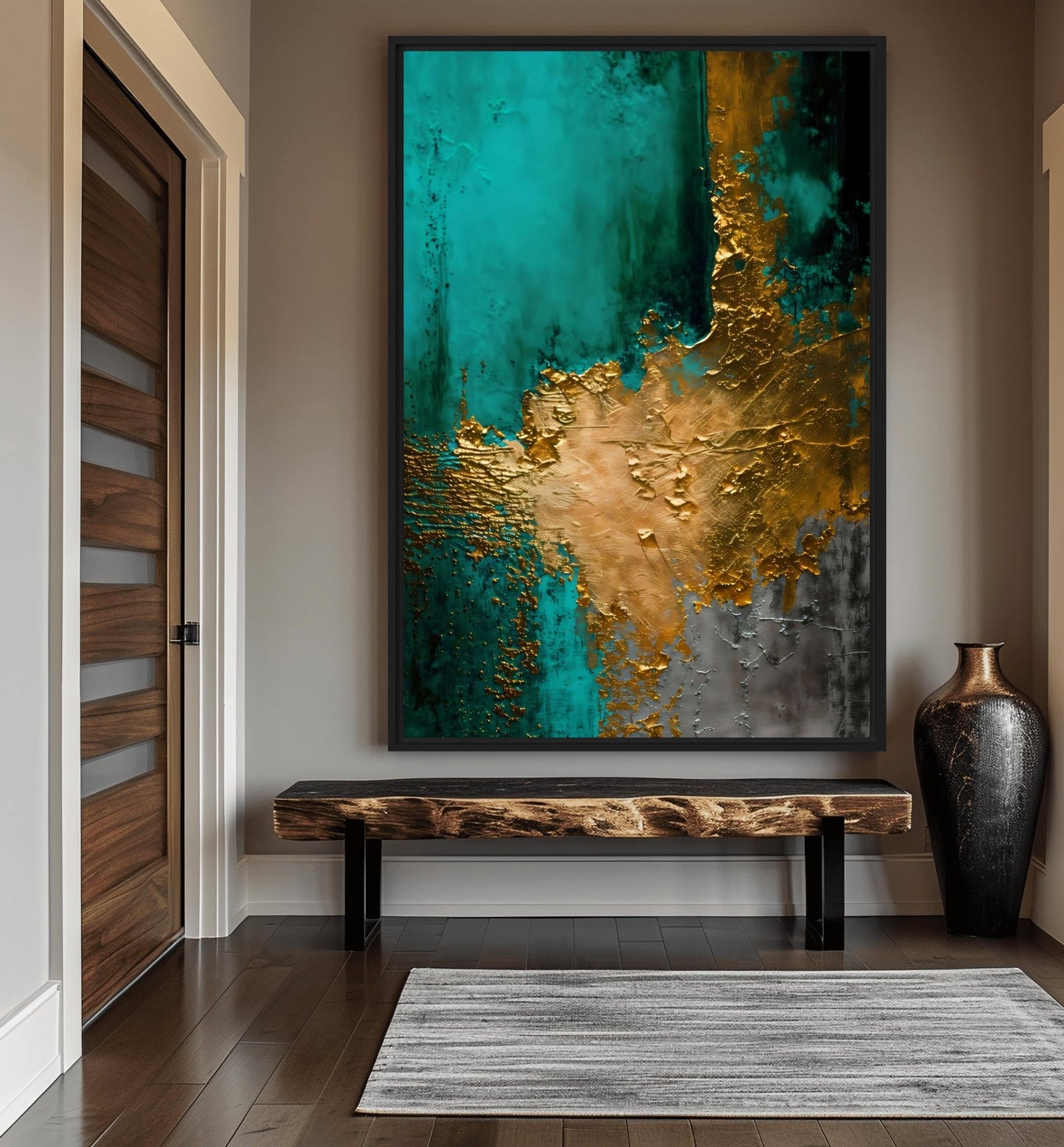 Teal Gold Modern Art Framed Canvas