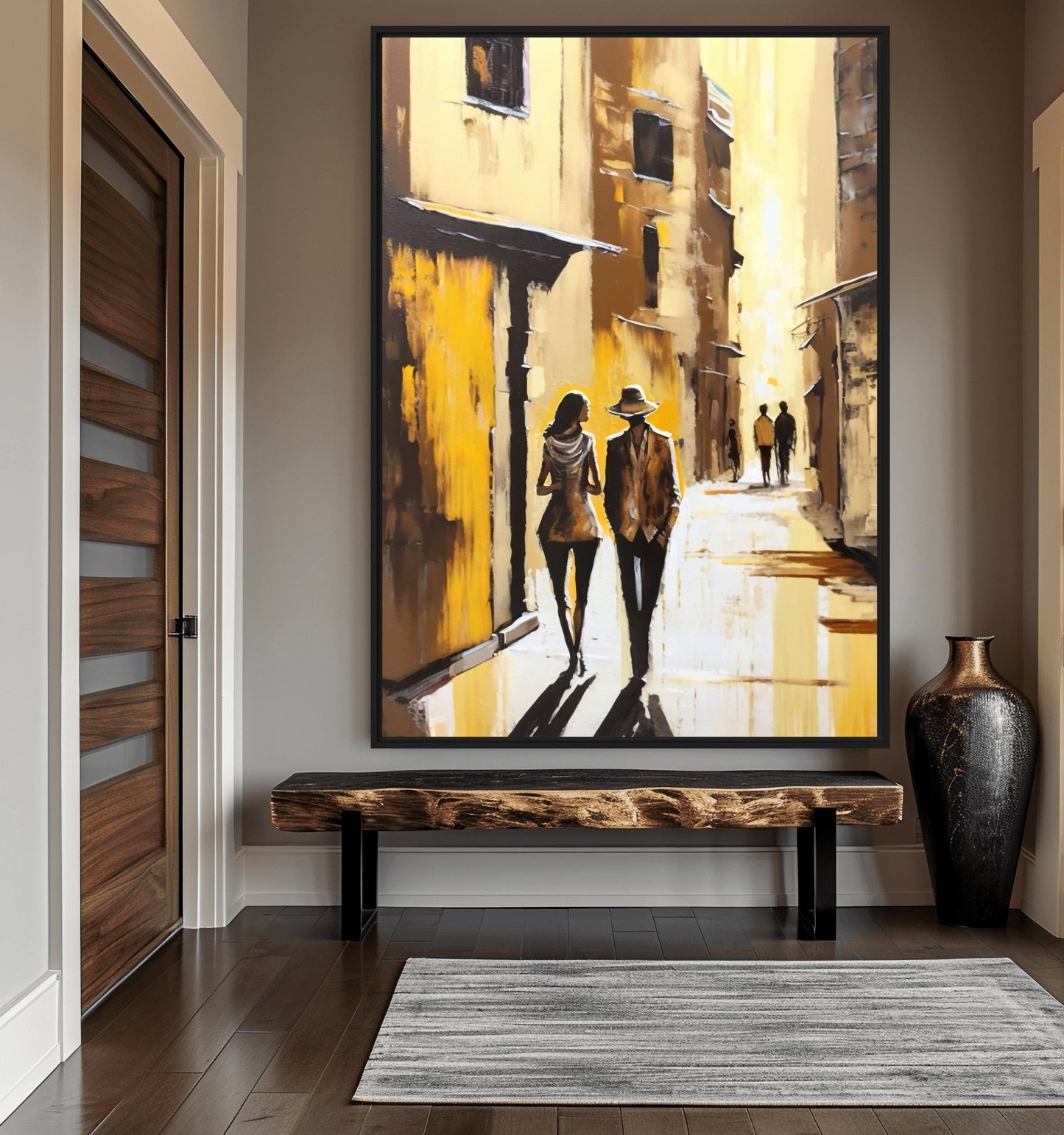 Couple In Love Yellow City Abstract Art Framed Canvas