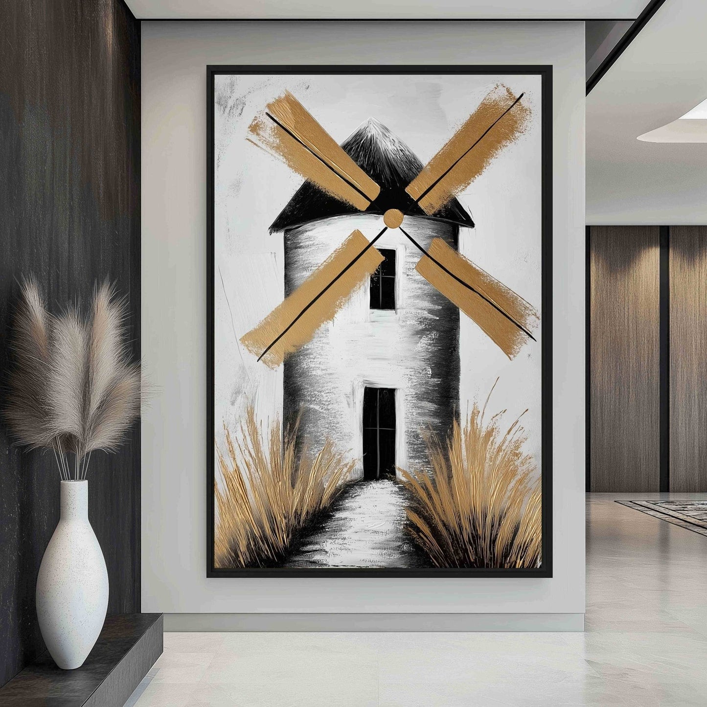 Windmill Landscape Art Framed Canvas