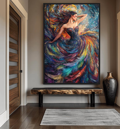Woman In A Colorful Feather Dress Modern Art Framed Canvas