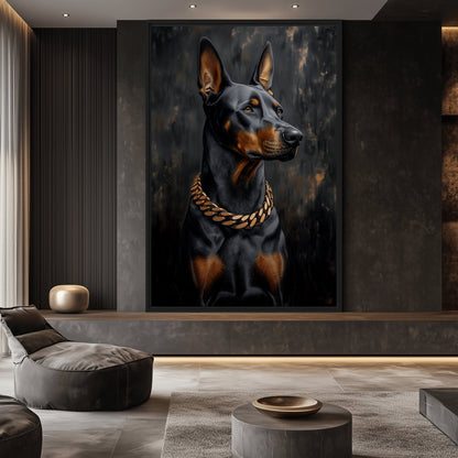 Doberman With Golden Chain Framed Canvas