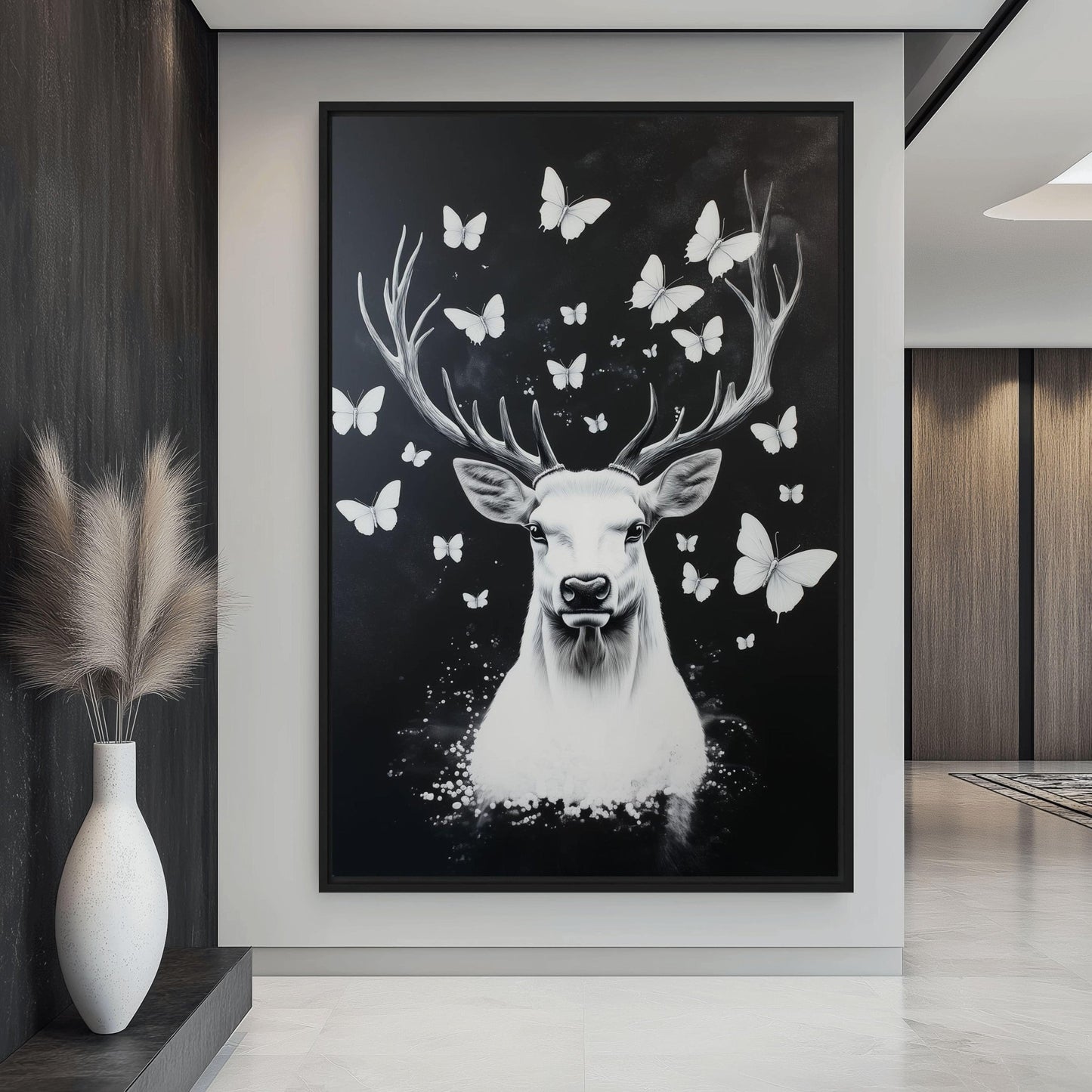Deer Among Butterflies Framed Canvas