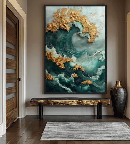 Teal Gold Majestic Wave Framed Canvas