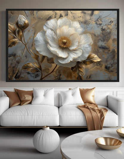 White and Gold Flowers Floral Art Framed Canvas