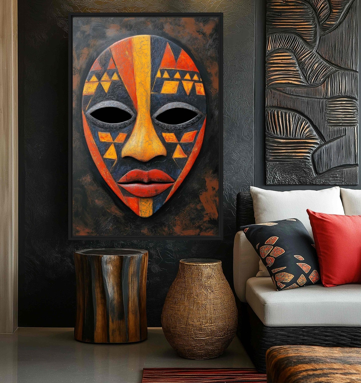 Tribal Mask African Folk Art Framed Canvas