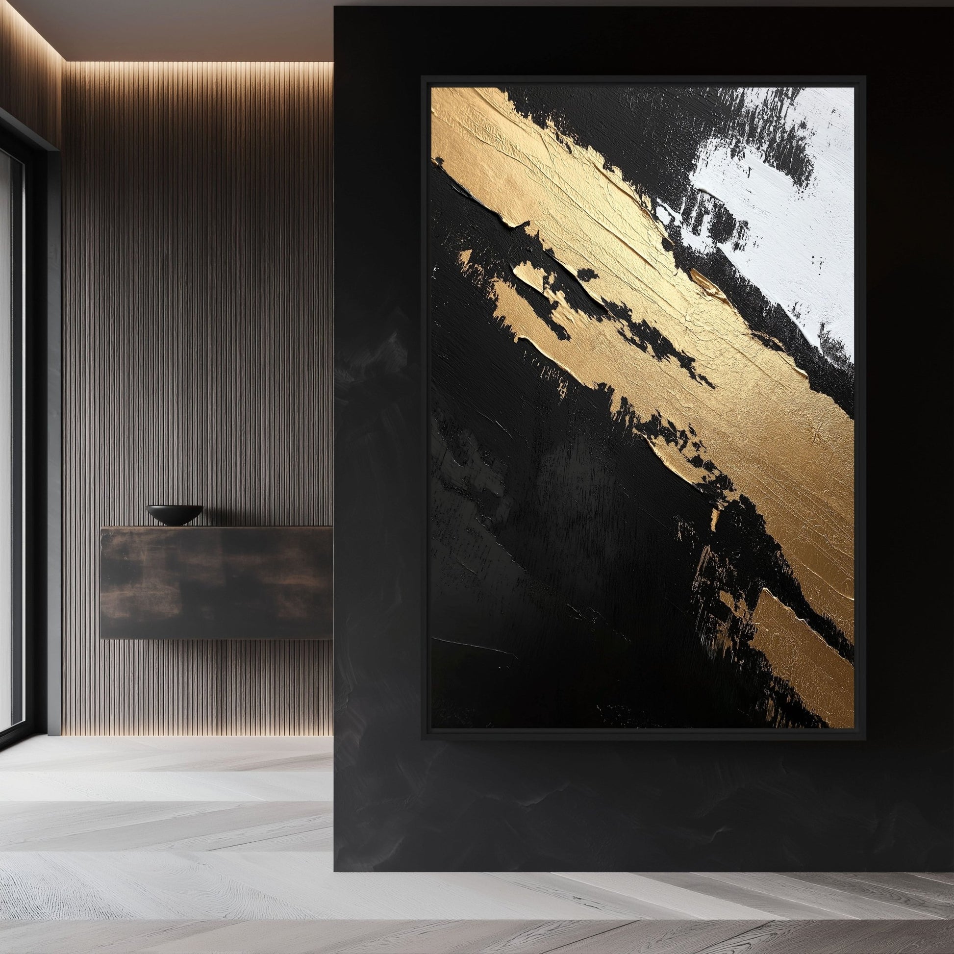 Black Gold White Abstract Art Framed Canvas