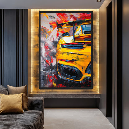 Yellow Sports Car Modern Art Framed Canvas