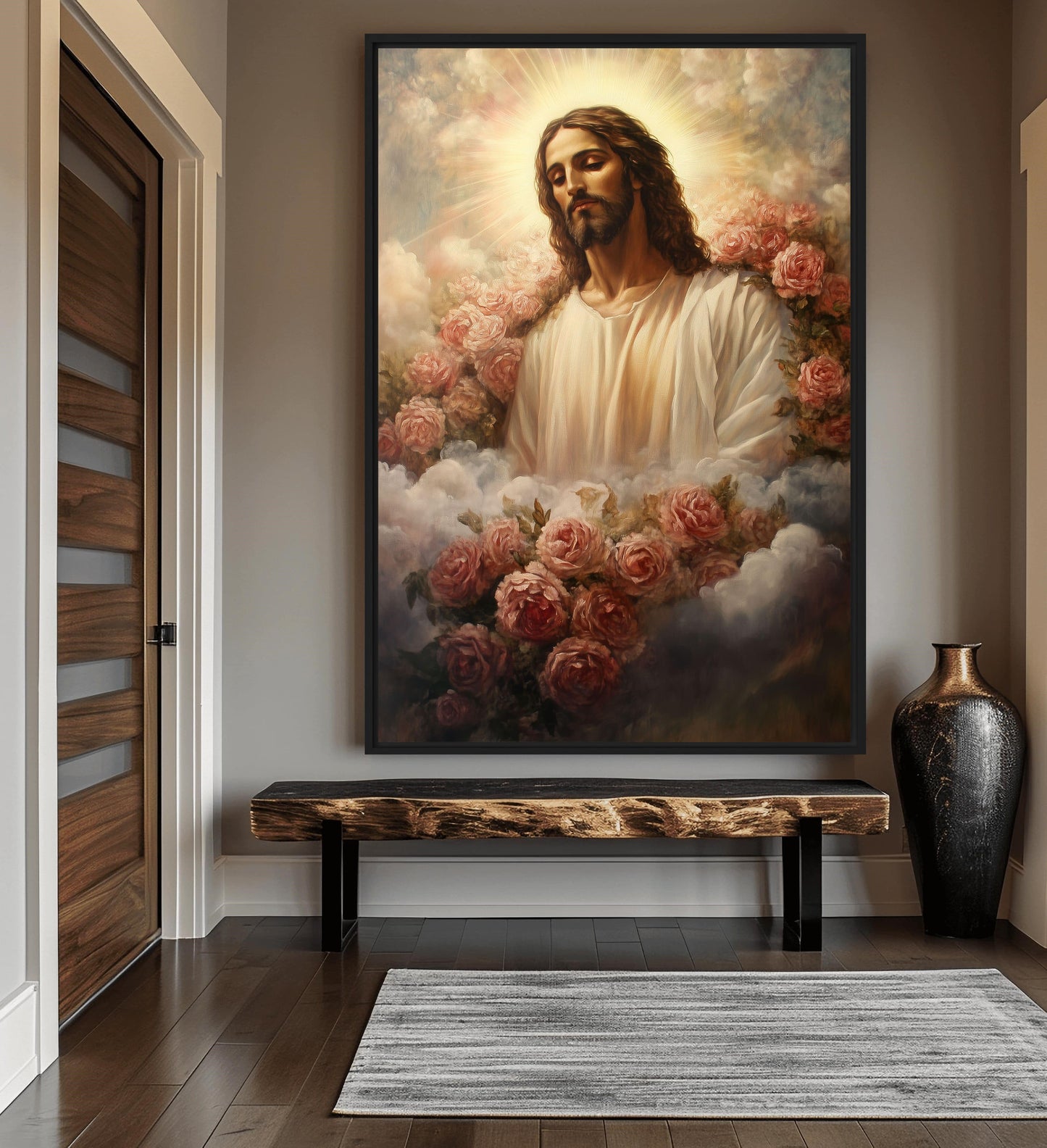 Jesus Christ Among Flowers Religious Art Framed Canvas
