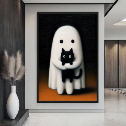 Cute Ghost With Black Cat Canvas Print Detail | PaintFu