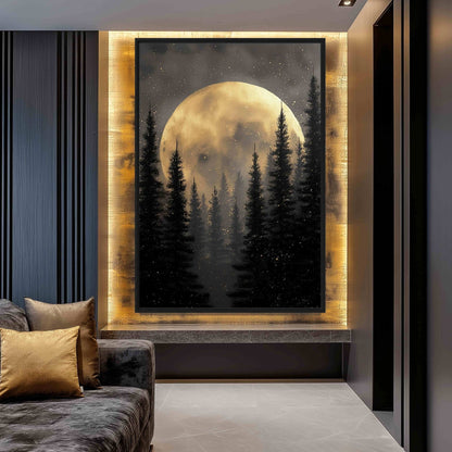 Full Moon Midnight Forest Framed Canvas - PaintFu