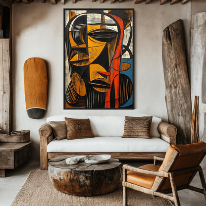 African Abstract Woodcut Art Framed Canvas