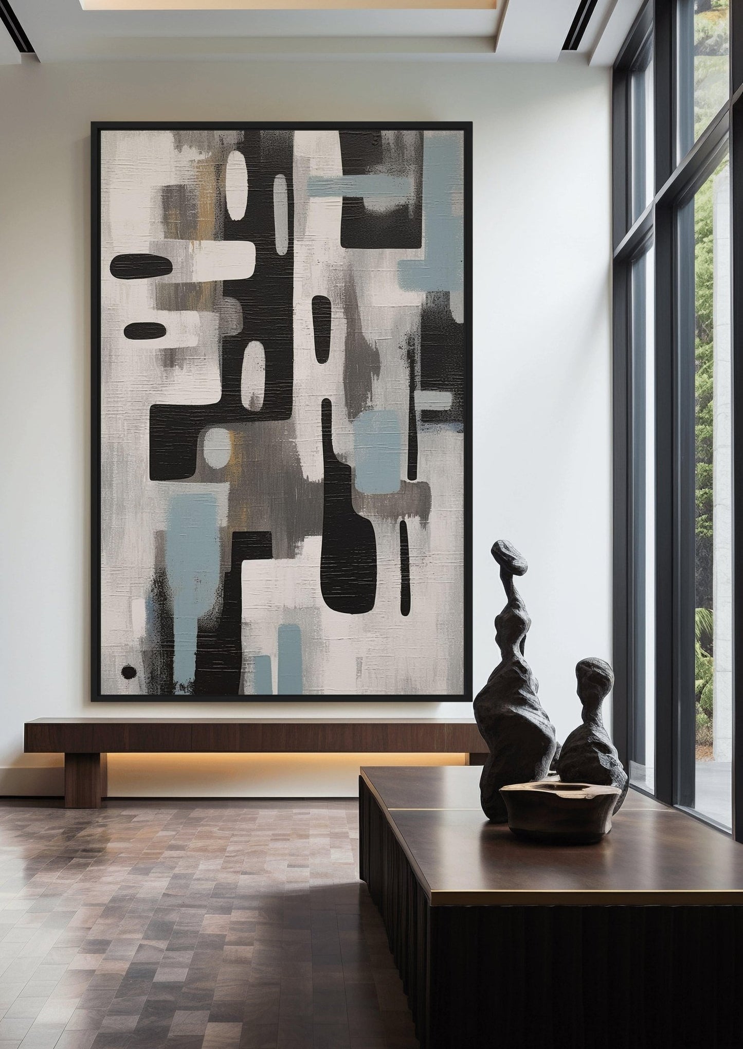 Grey Black Blue Modern Art Framed Canvas