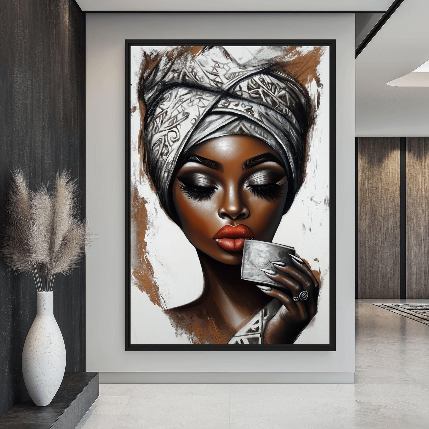 African Woman Drinking Coffee Framed Canvas