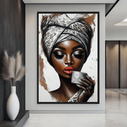 African Woman Drinking Coffee Framed Canvas - PaintFu