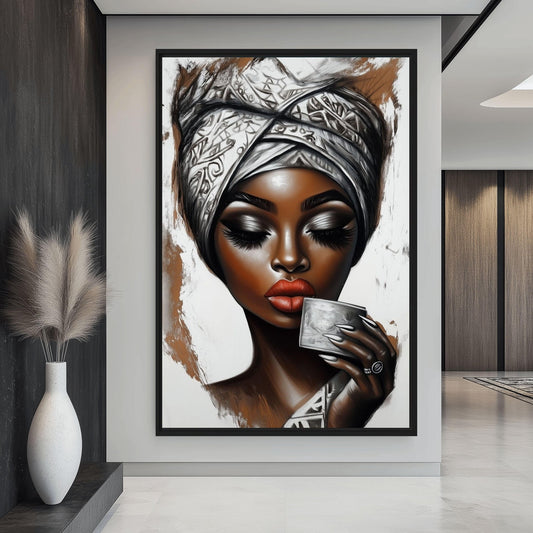 African Woman Drinking Coffee Framed Canvas - PaintFu