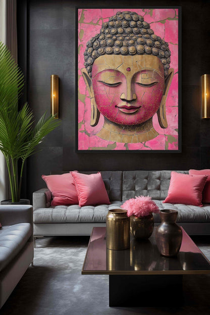 Pink & Gold Buddha Portrait Framed Canvas - PaintFu