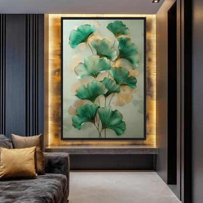 Green Ginkgo Leaves Covered In Gold Framed Canvas
