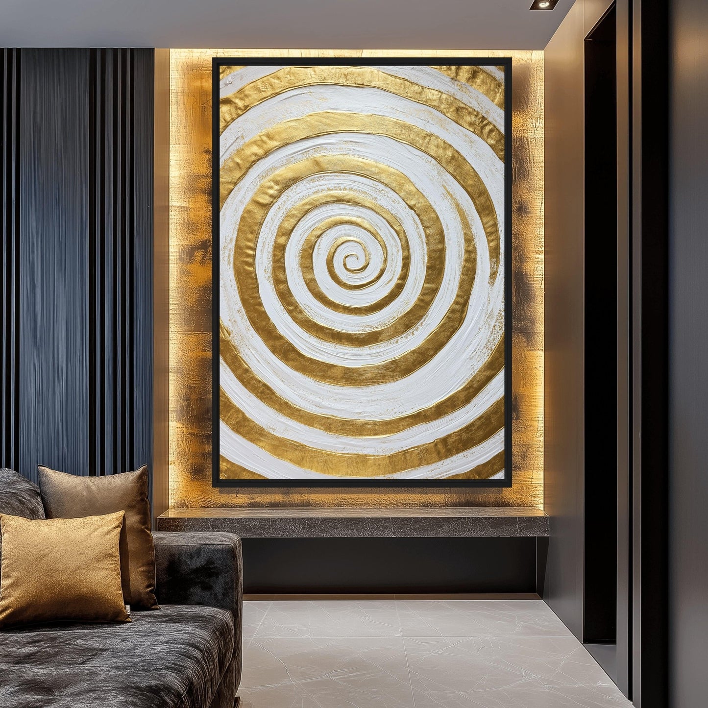 Gold & White Spiral Modern Art Framed Canvas