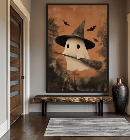 Cute Ghost In A Witch Hat Canvas Print Detail | PaintFu