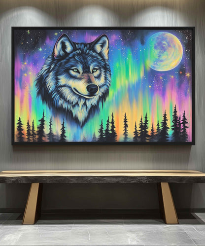 Northern Lights Wolf Wildlife Art Framed Canvas - PaintFu