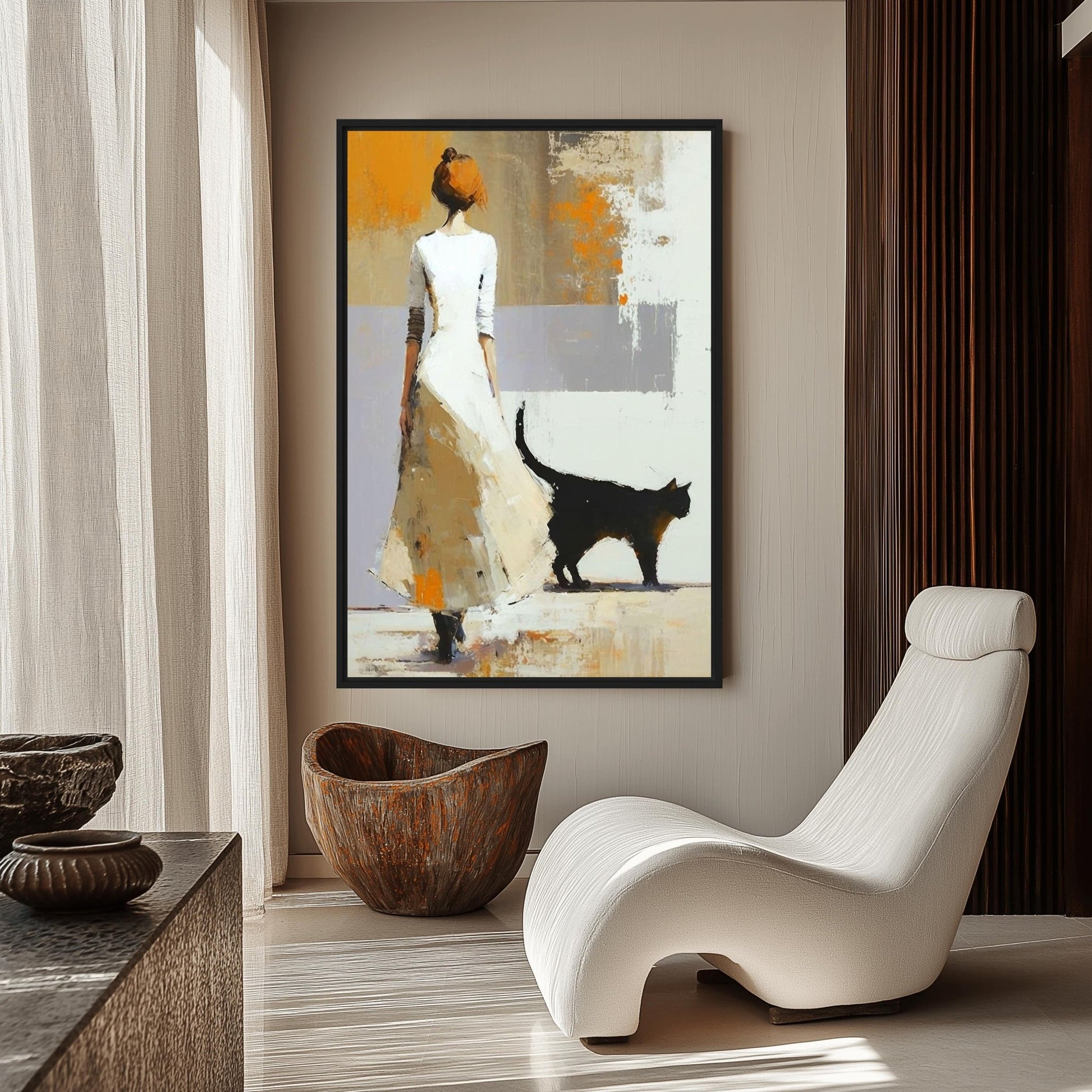 Woman with Black Cat Modern Art Framed Canvas
