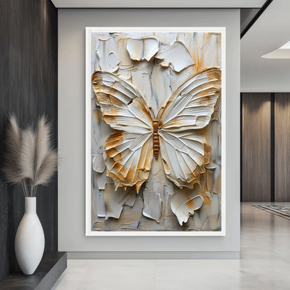 Butterfly White & Gold Modern Art Framed Canvas