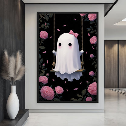 Cute Ghost On A Swing Canvas Print Detail | PaintFu