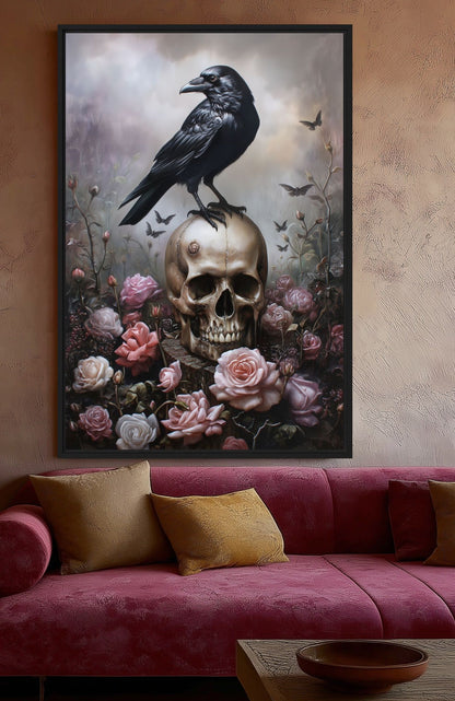 Raven & Skull Gothic Art Framed Canvas - PaintFu